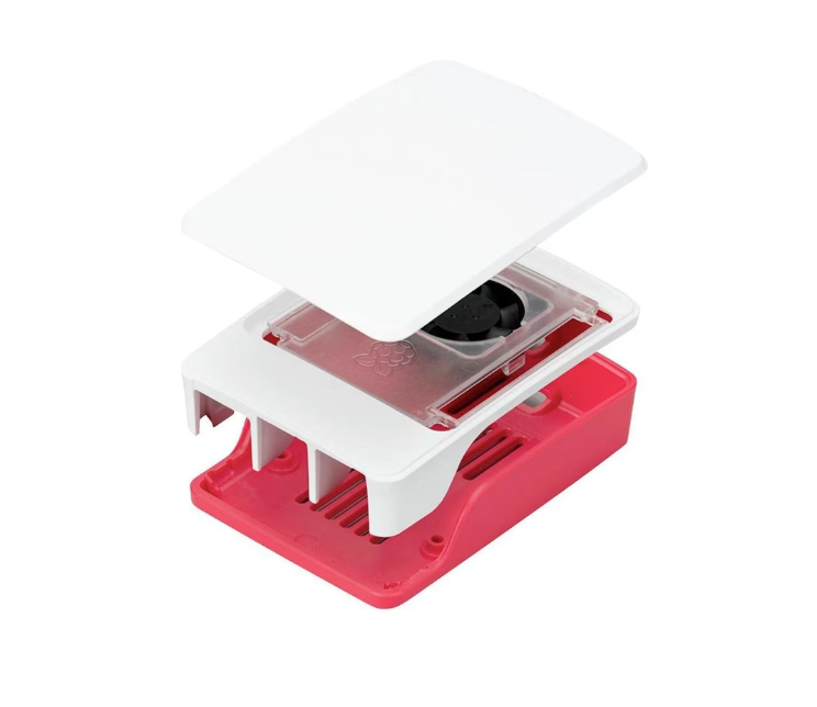 Le boîtier officiel du Raspberry Pi 5, ouvert, avec sa carte à l'intérieur